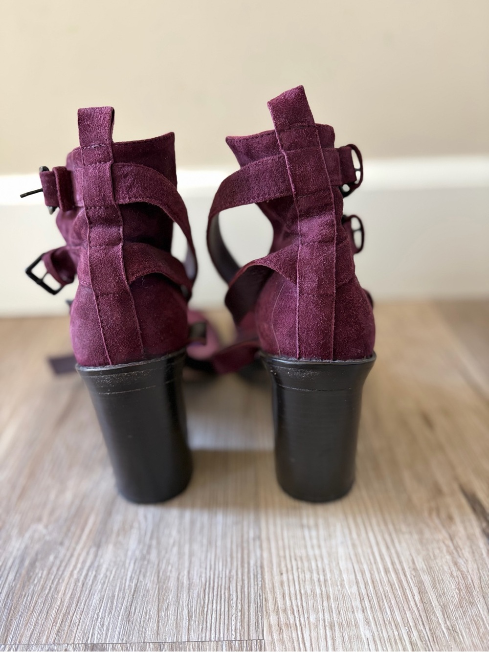 Strappy Ankle Wrap Block Heels in Plum/Burgundy - Picture 6 of 9